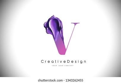 V Letter Design Brush Paint Stroke. Purple v Letter Logo Icon with Violet Paintbrush Vector Illustration
