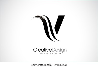 V Letter Design Brush Paint Stroke. Letter Logo with Black Paintbrush Stroke.