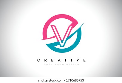 V Letter Design logo icon with circle and swoosh design and blue pink color vector illustration.