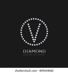V Letter with diamonds. Expensive, precious symbol. Luxury logo
