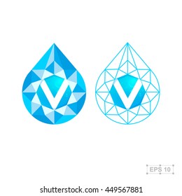 V letter with diamond,vector crystal modern water drop logo