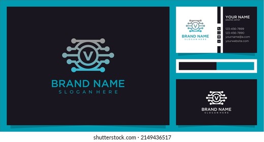 Icono de logotipo de datos digitales de carta V con diseño de logotipo de análisis de datos