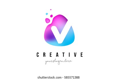 V Letter Dots Logo Design mit Oval Purple Form Vektorgrafik.