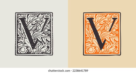 V letter drop cap logo in engraved medieval style. Set of dim colored and monochrome square shaped illuminated initials. Perfect for vintage premium identity, Middle Ages posters, luxury packaging.