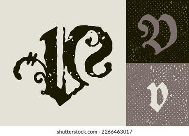 V letter drop cap logo. Illuminated initial and blackletter uppercase and lowercase. All you need to precisely imitate medieval text. Decorative element for the beginning of a paragraph or section.