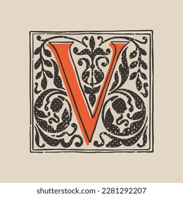 V letter drop cap logo in medieval engraving style. Blackletter square initial. Illuminated dark-age emblem with lush foliage and tulips. Perfect for vintage identity, gothic posters, luxury packaging