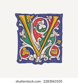 Logo de la tapa de gota de la letra V con elementos de caligrafía dorada y vid entrelazada. emblema inicial renacentista. Un lujoso ícono medieval de lujo de color dim basado en lo otonio y románico.