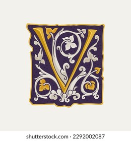 V letter drop cap logo. Square medieval initial with gold texture and white vine. Renaissance calligraphy emblem. Vector premium elements for luxury identity, vintage package, engraved charter, etc.