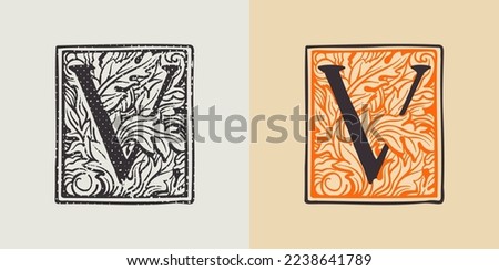 V letter drop cap logo in engraved medieval style. Set of dim colored and monochrome square shaped illuminated initials. Perfect for vintage premium identity, Middle Ages posters, luxury packaging.