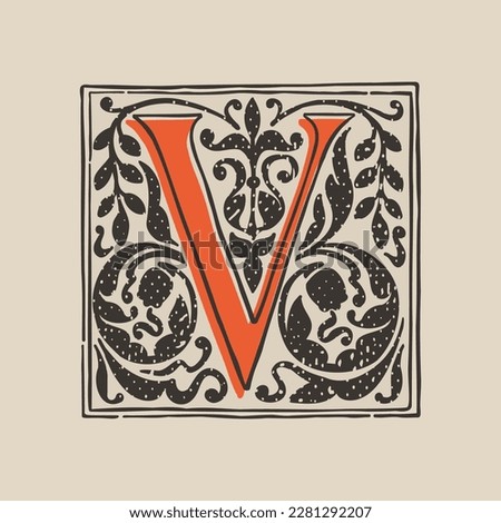 V letter drop cap logo in medieval engraving style. Blackletter square initial. Illuminated dark-age emblem with lush foliage and tulips. Perfect for vintage identity, gothic posters, luxury packaging