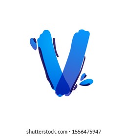 V letter eco logo with blue water drops handwritten with a felt-tip pen. Vector marker font can be used for eco friendly, vegan, bio, raw, organic template.