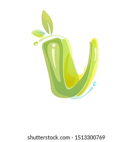 V letter eco logo formed by watercolor splashes. Green overlay style. Vector typeface for labels, headlines, posters, cards etc.
