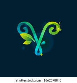 V letter eco logo with green curved lines, leaves and dew drops. Vector handwritten script font for nature labels, bio company, spring posters etc.