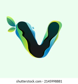 V letter eco logo with green leaves in hologram glitch style. Environment friendly icon with color shift and illusion effect. Vector element for waste recycling identity, natural theme presentation.