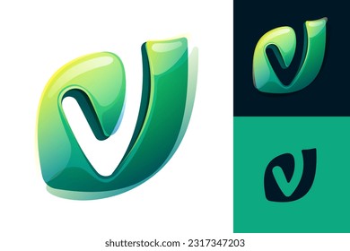 V letter eco logo. Green leaf carving. 3D realistic icon. Environment friendly forest initial in watercolor style. Font for botanical labels, floral headlines, recycle posters, organic cards.