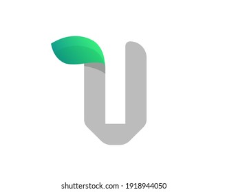 V letter eco logo with leaf. Vector font for bio posters, spa emblem, vegan, herbal and botanical cards etc.