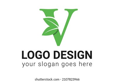 V letter eco logo with leaf. Vector typeface for nature posters, eco friendly emblem, vegan identity, herbal and botanical cards etc. Ecology V letter logo with green leaf.