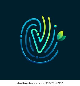 V letter eco logo made of fingerprint. Gradients icon with green leaves and dew drops. Perfect for online payment art, biometric design, agriculture advertising, pure food packaging, modern identity.