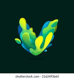 V-Buchstaben Öko-Logo aus grünen und blauen Splash, reine Wasserwellen und Taubentropfen mit frischen Blättern. Perfekt für landwirtschaftliche Kunst, Abfallrecycling Design, Biowerbung, gesunde Lebensmittelverpackungen.