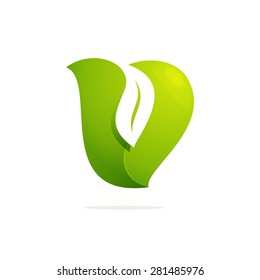 V letter eco logo, negative space volume icon