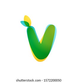 V letter eco logo. Overlapping gradient font with green leaves. Vector green template can be used for eco, vegan, bio, raw, organic.