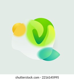 V letter eco logo in round splash with green leaf and sun. Realistic glassmorphism style translucent icon. Environment friendly negative space emblem for agriculture advertising, and healthy food.