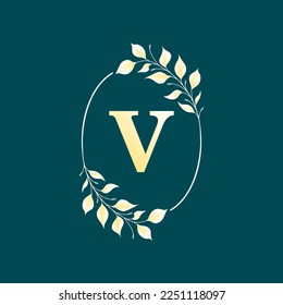 V letter in elegant oval frame with gold leaf. Vector isolated illustration.