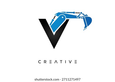 Logotipo de construcción de excavadoras de letras V para ingeniería y Industrial