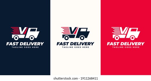 V Letter express delivery  Logo designs Template. Illustration vector graphic of  letter and fast truck  logo design concept. Perfect for Delivery service, Delivery express logo design