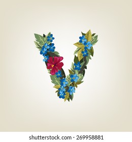 V letter. Flower  alphabet. Colorful font. Lowercase.  Vector illustration.