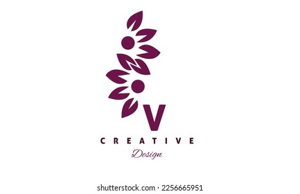 V letter flower logo. Simple fancy hand drawn watercolor vector logo design on white background