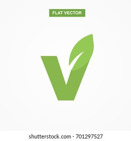 v letter font logo flat with leaf vector logo template
