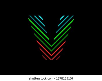 V letter font logo with rgb color. Dynamic split red, green, blue color on black background. For social media,design elements, creative poster, brand label and more