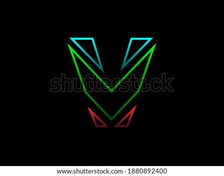 V letter font, vector design logo. Dynamic, rgb split-color, red, green, blue on black background. Eps10 illustration