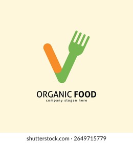 V Letter Food Logo. Abstract Fork Monogram Symbol for Restaurant and Organic Meal Brand.