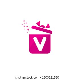 V letra caja regalo Modelo de vectores de diseño de logotipo.Plantilla de regalo de logotipo. Carta V en la caja para presente. El diseño conceptual presenta emblemas y señales. Icono de caja de regalo color rosa.V logotipo de caja de regalo