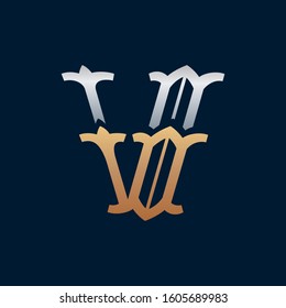 V letter gold and silver logo in slab serif retro style. Vector crown glossy font for your fashion poster, jewelry badge, vintage banner, boutique card etc.