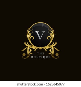 V Letter Golden Circle Shield Luxury  Boutique  Logo, vector design concept  for initial, luxury business, hotel, wedding service, boutique, decoration and more brands.