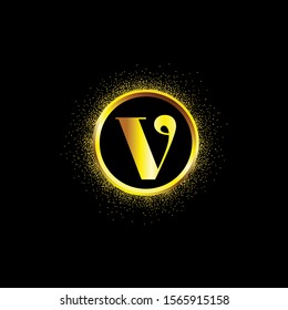 V letter golden icon in middle of golden sparking ring. V logo sign with empty center. Golden sparkling ring with dust glitter graphic on black background. Glorious decorative glowing shiny design.