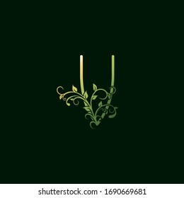 V Letter Green Floral Initial Logo Icon. Vector design  concept ornate typographic abstract floral for decorative lettering sign initial with swirl  floral leaf elements vintage, elegant, luxury style