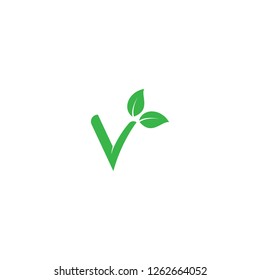 V letter with green leaves eco logo