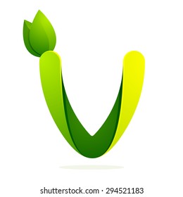 V letter with green leaves eco logo, volume icon. Vector design template elements an icon for your ecology application or company