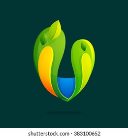 V letter with green leaves logo. Font style, vector design template elements for your ecology application or corporate identity.