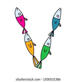 V letter hand drawn vector illustration sardines form in cartoon style rainbow colors