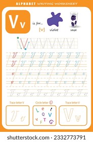 Hoja de trabajo de práctica de escritura a mano con letra V. Hoja de cálculo de seguimiento de letras de alfabeto para niños con juegos e ilustraciones brillantes. Página Aprendiendo actividad alfabética. Plantilla imprimible.