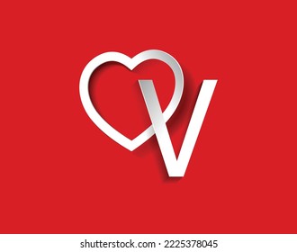 v letter with a heart on red background for lovers and friends