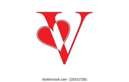 V letter with a heart on red background for lovers and friends Valentines Day Love Abstract Character Font Letter V .