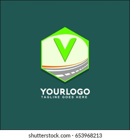 V letter highway icon flat. Green pictogram on white background. Vector illustration symbol 