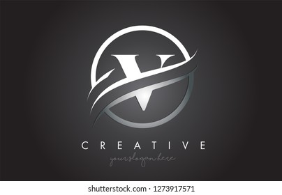 V Letter Icon Logo Design with Circle Steel Swoosh Border and Metal Texture. Creative V Design Vector Illustration.