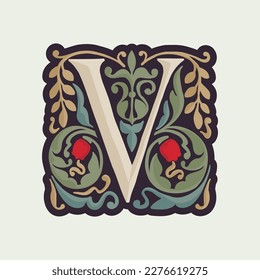 V letter illuminated initial with curve leaf ornament and tulips. Medieval dim colored fancy drop cap logo. Gothic heraldry blackletter dark-age emblem. Perfect for luxury calligraphy with pattern.